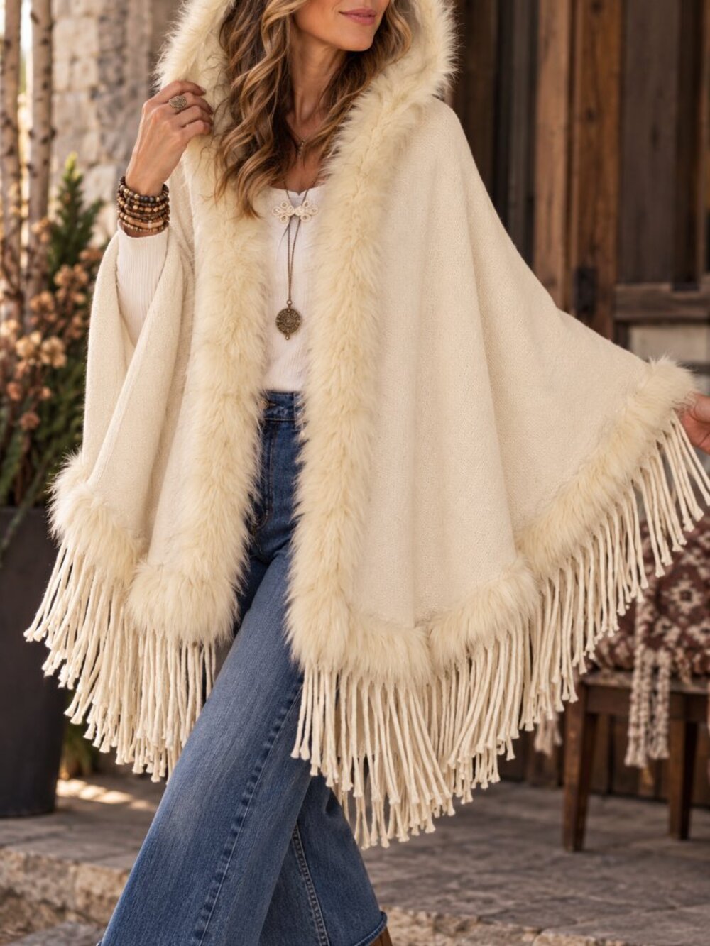 Faux Fur Cotton Knit Hooded Fringe Cape Vest L/XL Pinklicious Boho Western EUC